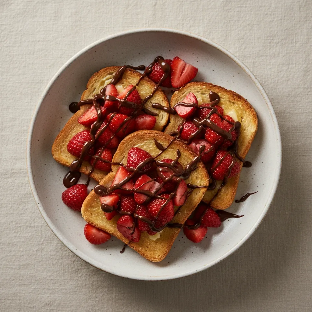 Buttered toast, Crushed Strawberries Topped with Chocolate